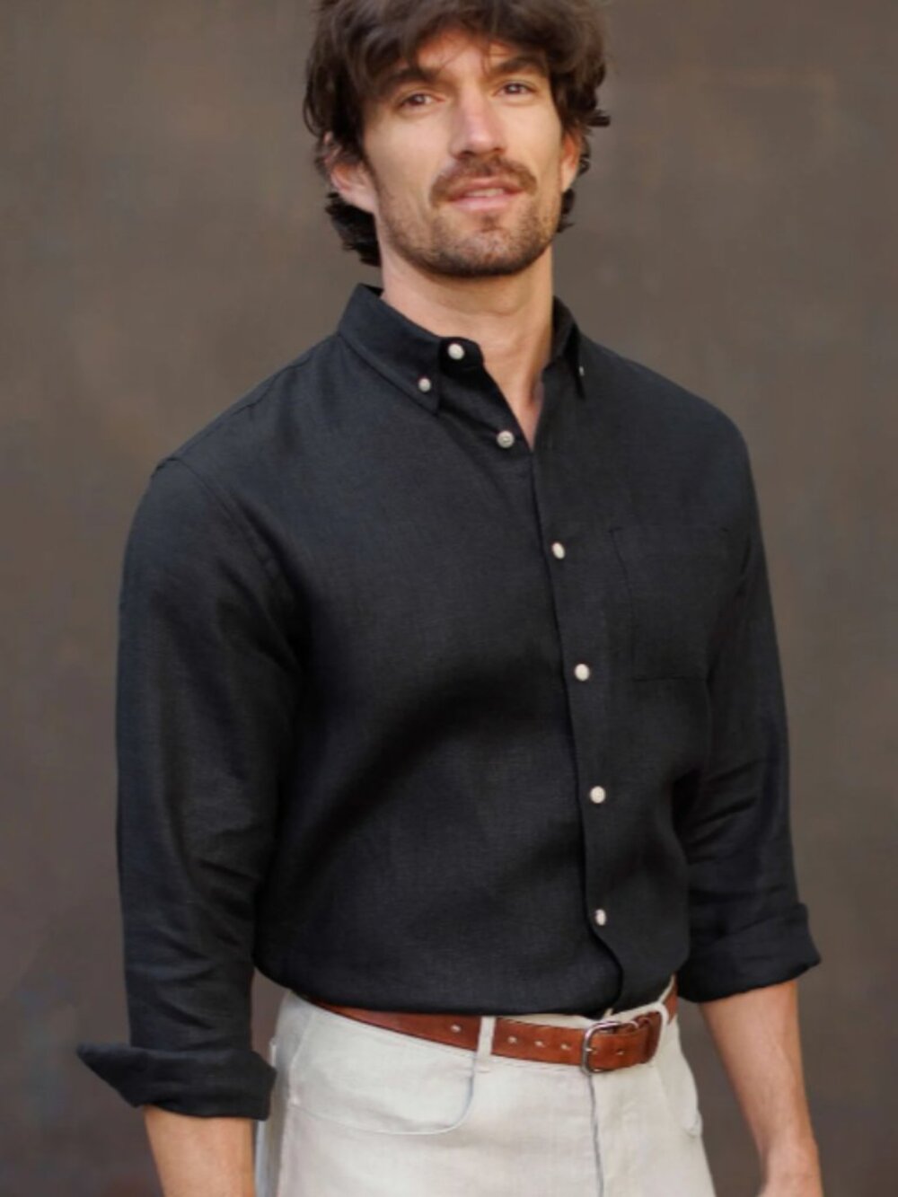 Alex Crane Playa 100% Linen Button-Down Shirt Night Charcoal Black Size L
